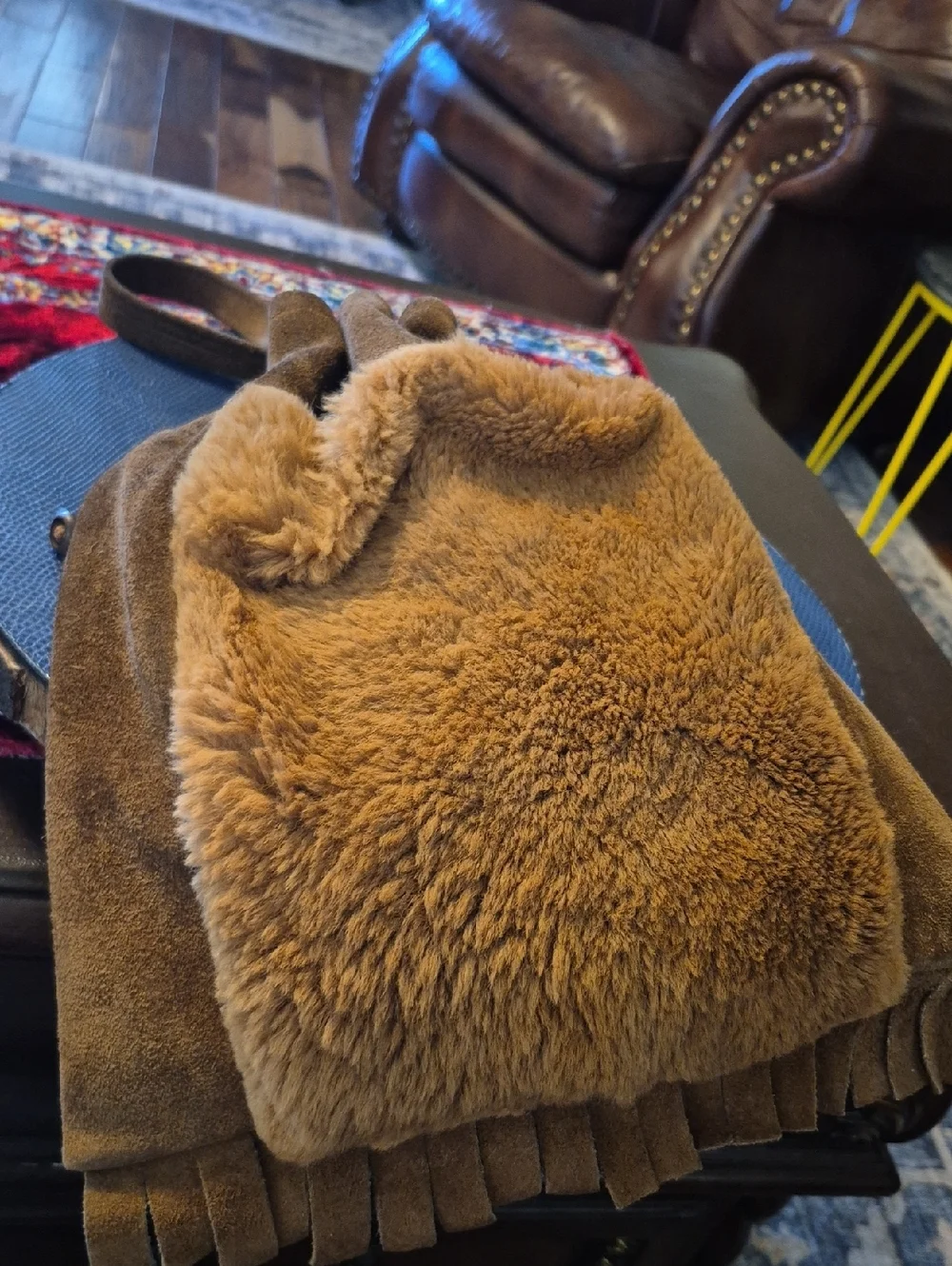 Suede & Fur Fringe Bag with Authentic Kangaroo Fur. decorative KangaPatch(#1996)